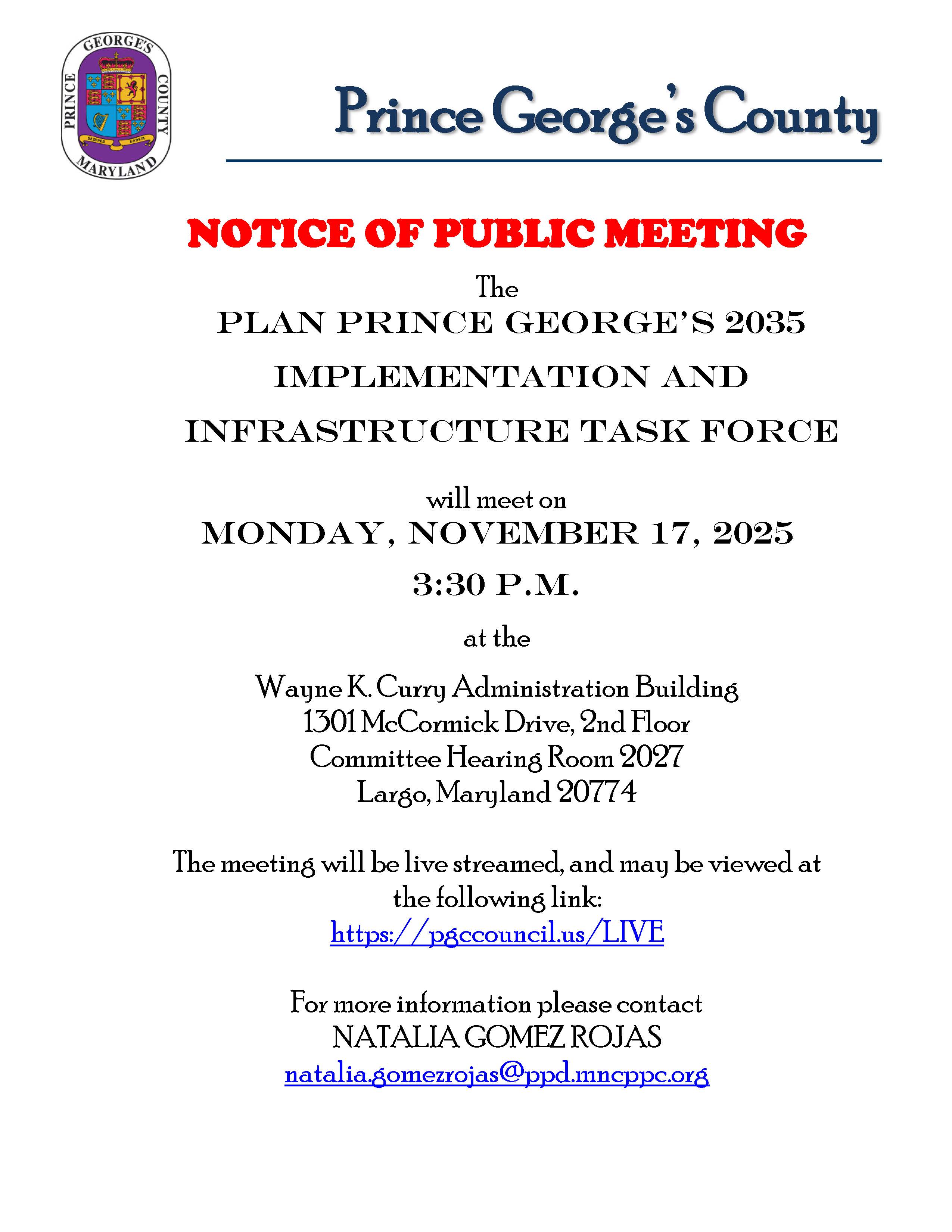 Notice of Public Meeting - Plan Prince Georges 2035 Implementation and Infrastructure Task Force (No