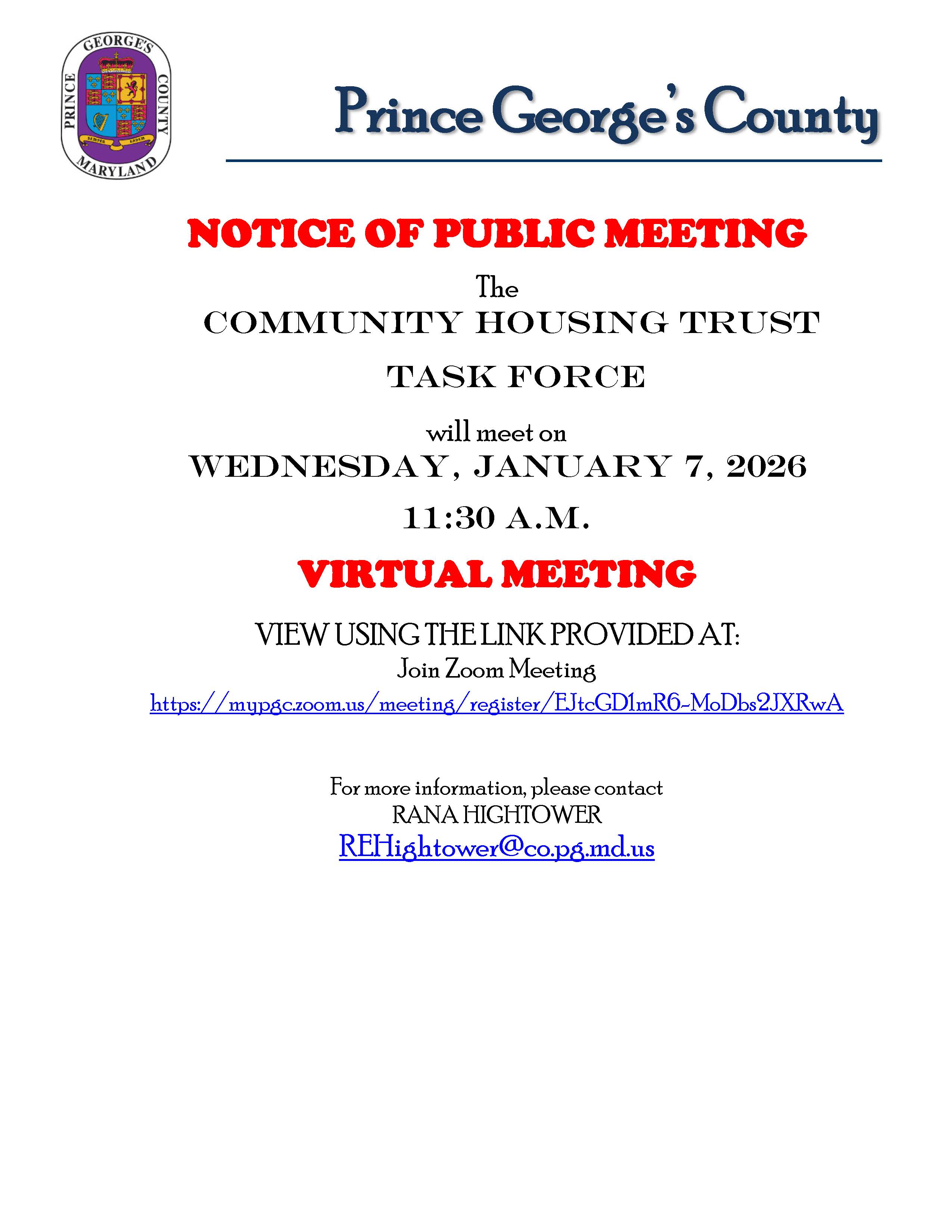 Notice of Public Meeting - Community Housing Trust Task Force (January 7, 2026)