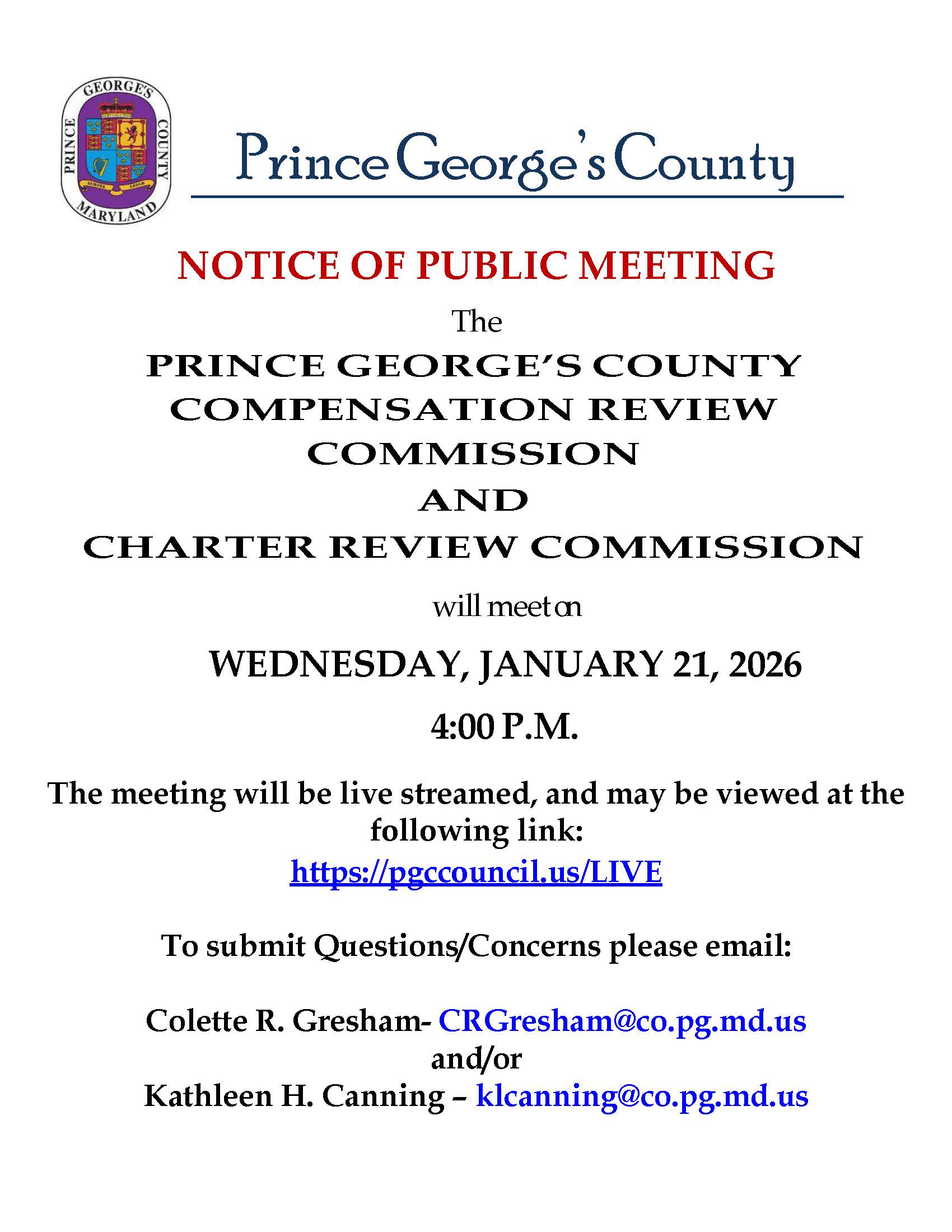 Notice of Public Meeting - 2025-2026 Compensation Review and Charter Review Commission (January 21, 