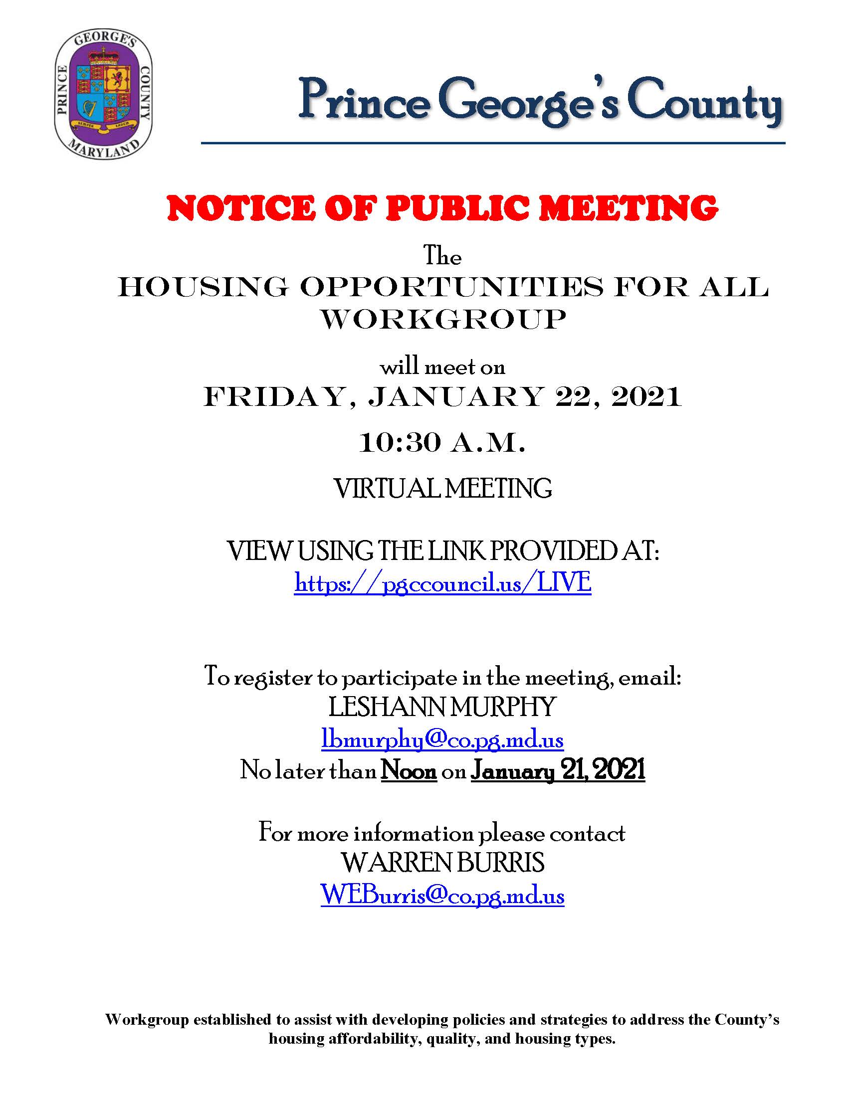 Housing Opportunities For All Workgroup Public Notice 1-22-21