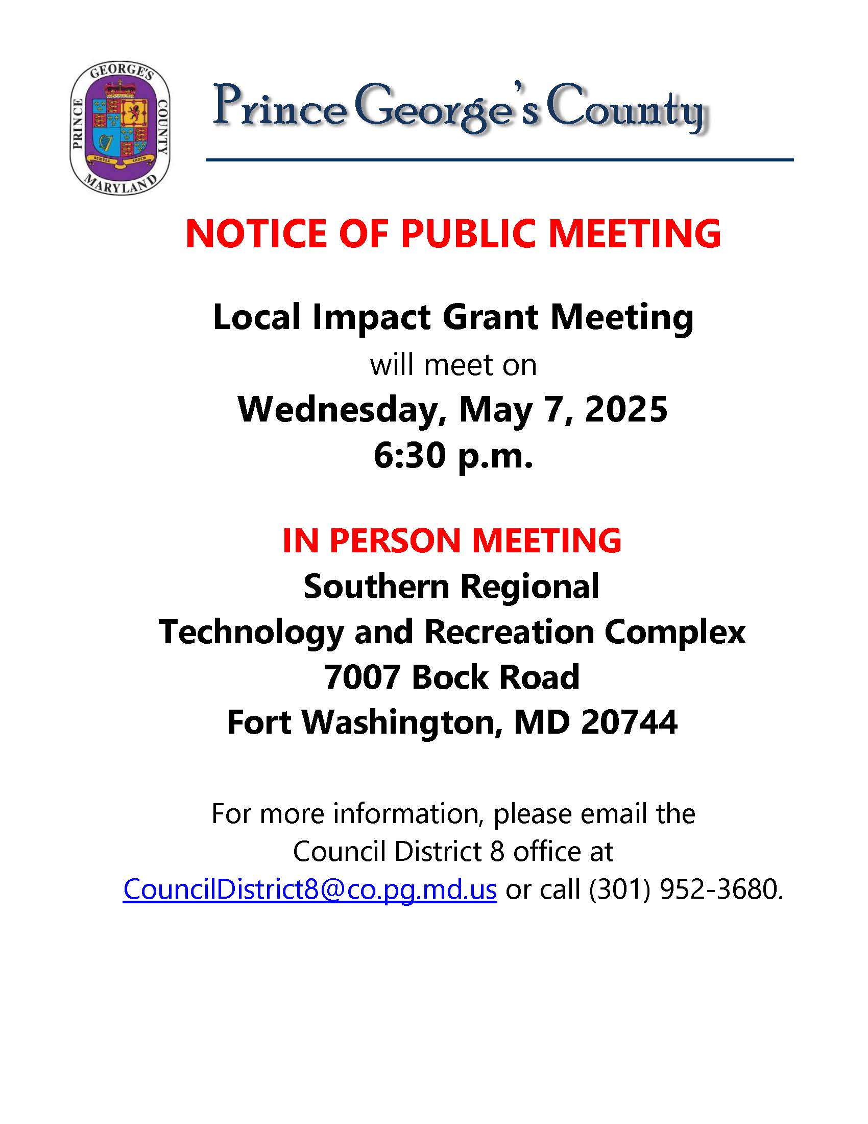 Notice of Public Meeting - Local Impact Grant Meeting (May 7, 2025)